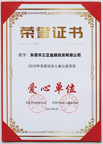 6月3日上午，東莞市婦聯(lián)聯(lián)合市委組織部、市直工委、市婦女兒童福利會共同啟動了2021年東莞市婦女兒童“黨群公益匯”活動。啟動議式上，三正金融投資公司被授予“愛心單位”榮譽證書。
